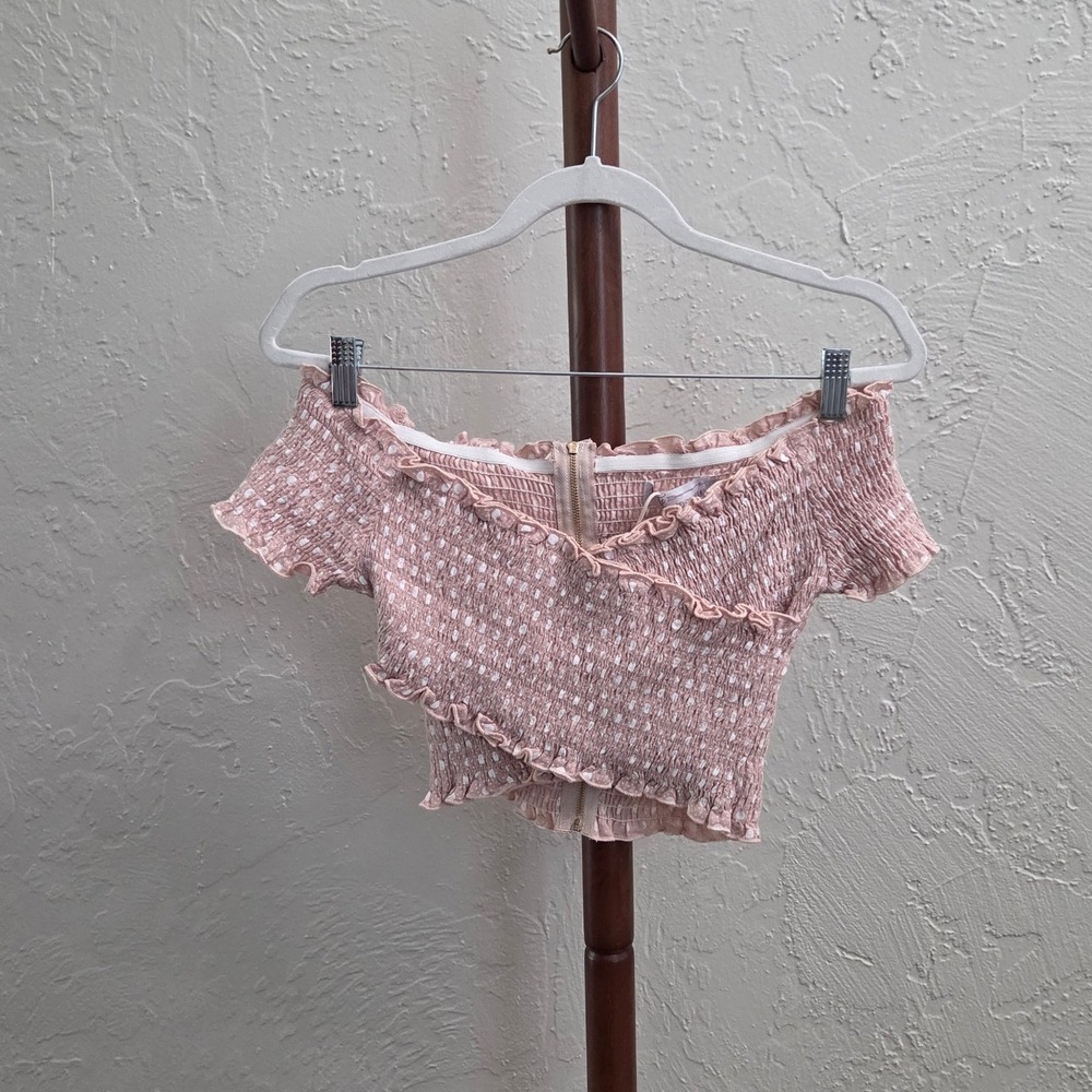 T204. Pink Polka Dot Off-the-Shoulder Smocked Crop Top